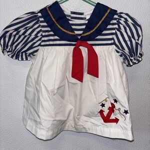 Vintage A Little Angel 6-9 M‎ Smocked Sailboat Dress Nautical Sailor Red Bow